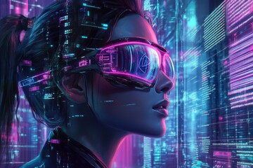 Obraz premium Futuristic woman wearing augmented reality glasses in a vibrant city.