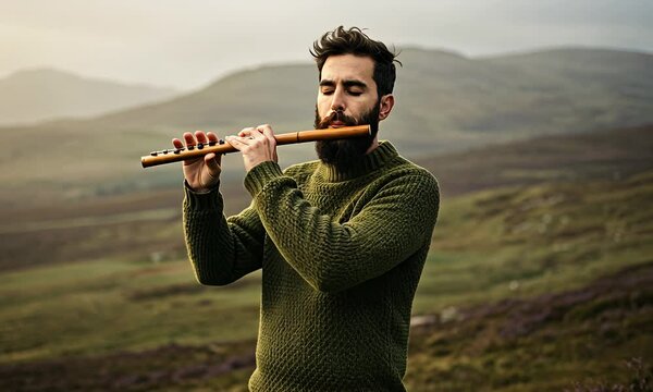 Flute player against mountain backdrop