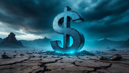 A solitary dollar sign, emanating an ethereal glow, stands defiant amidst a desolate, cracked landscape under a stormy sky. Symbolic of resilience and enduring value.
