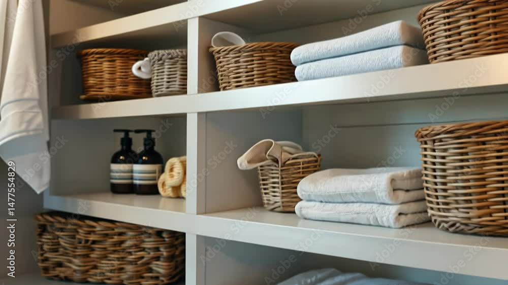 Poster soft towels and woven baskets are organized on shelves, creating a calming, tidy atmosphere in a mod