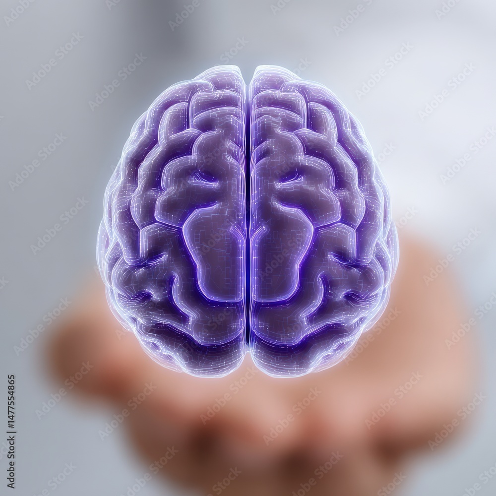 Aufkleber advanced visualization of a human brain illuminated in purple hues held delicately within a hand rep