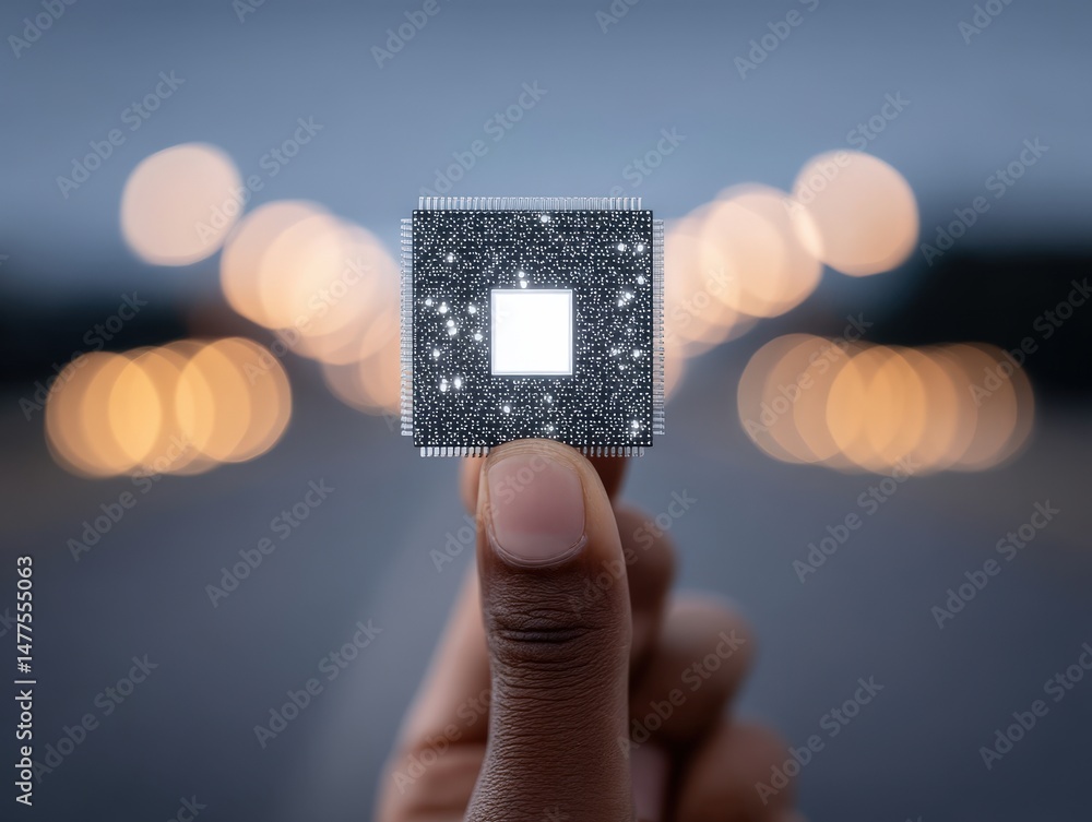 Poster close-up view of a person holding a futuristic microchip illustrating advanced technology surrounded