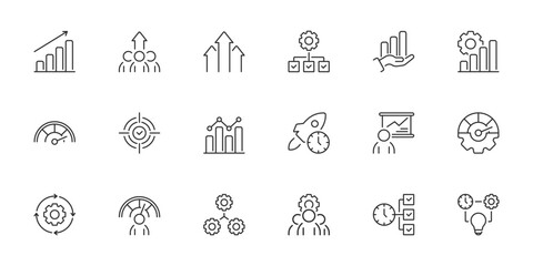 This is a versatile and diverse collection of line icons that visually represent various concepts related to productivity and efficiency, making them ideal for both business and design purposes.