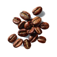 A watercolor illustration depicting several coffee beans scattered on a white background