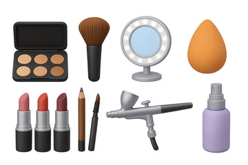 Makeup and beauty 3d icons set – cosmetic, glam, facial care essentials