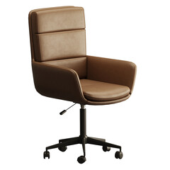 A brown leather office chair with a black base