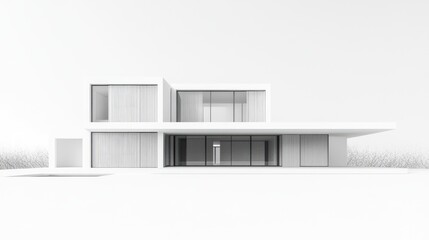 Minimalist white modern house architectural rendering with pool and grasses.