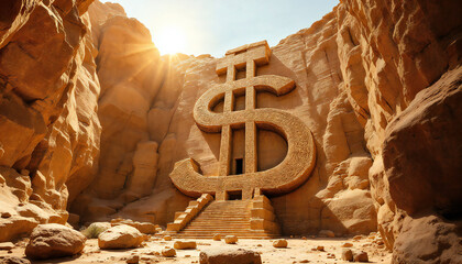 A monumental dollar sign carved into a desert canyon, bathed in sunlight, symbolizes wealth and prosperity. The stone-carved symbol stands as a beacon of financial ambition.