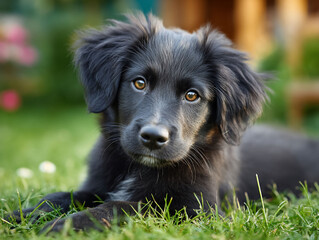 Fototapeta premium Adorable black puppy resting on green grass