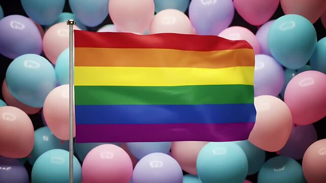 Pride flag amidst colorful balloons