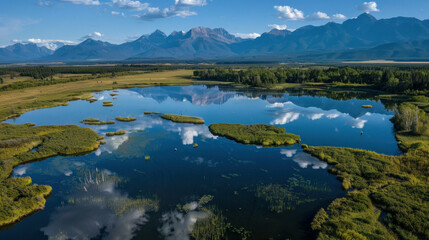 Serene mountain lake landscape aerial view