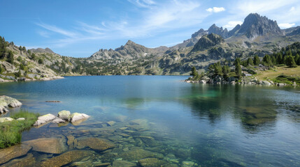 Serene mountain lake landscape crystal clear water reflecting majestic peaks