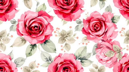 Seamless pattern watercolor background pattern red rose flowers on white background