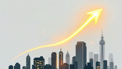 City skyline soaring with golden arrow, showcasing upward growth and positive economic development.