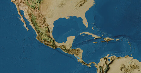Central America map of land and ocean floor terrain with blended colors and satellite imagery (Gulf of Mexico / Gulf of America, Caribbean Sea, LCC projection)