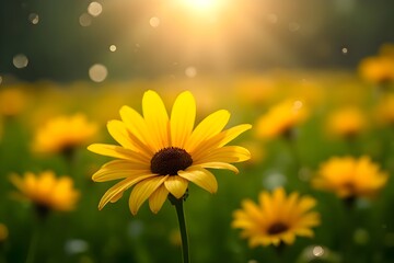 Obraz premium Serene Garden with Yellow Flowers – Dreamy Rainy Afternoon Scene