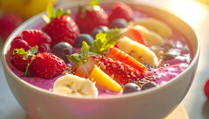 Fresh Healthy Smoothie Bowl with Assorted Fruits Captured in Beautiful Sunset Light for Vibrant Feel