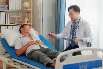 Elderly male patient consults a cardiologist after experiencing chest pain, seeking diagnosis and...