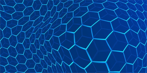 Selective focus photo. Close up picture of geometrical neon blue hexagon background