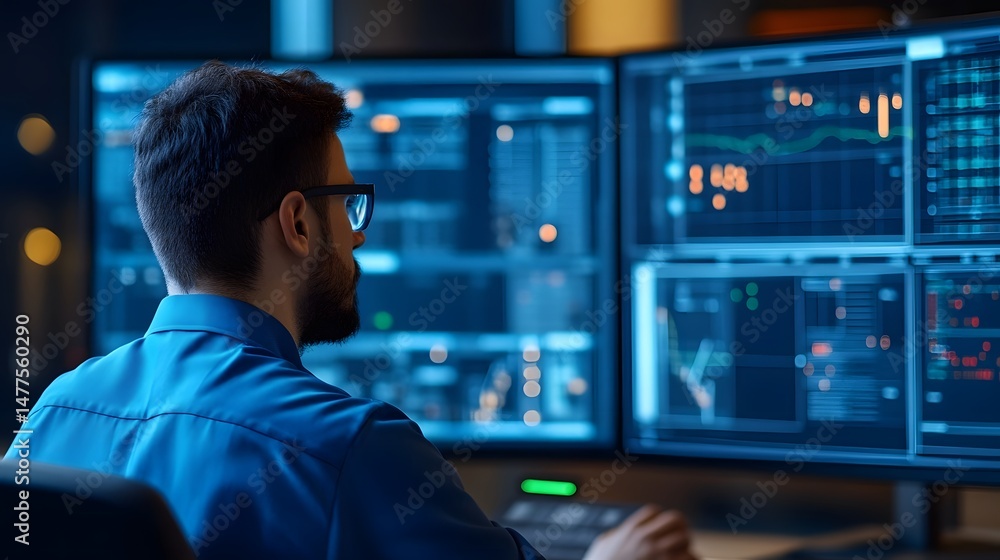 Poster engineer monitoring digital interface for renewable energy systems