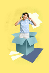 Collage of stylish woman popping out of delivery box symbolizing shopping excitement deals Black Friday season