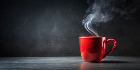 A steaming cup of hot beverage in a vibrant red mug sits on a dark gray surface against a moody background