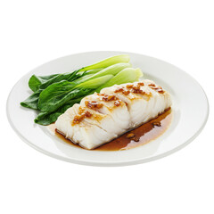 Steamed fish fillet served with fresh greens on a white plate, perfect for healthy dining