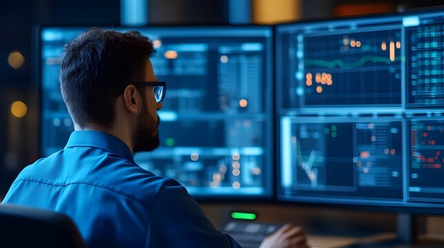 Engineer monitoring digital interface for renewable energy systems