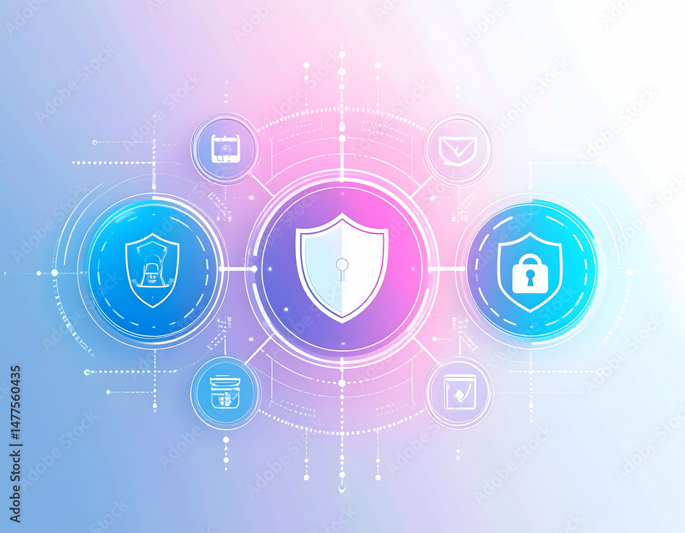 Poster abstract cybersecurity background with network shields, data security protection concept
