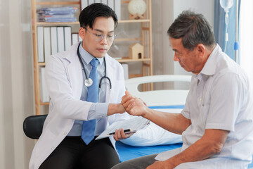 Elderly man seeks medical advice for wrist pain after strenuous work, consulting a specialist to...