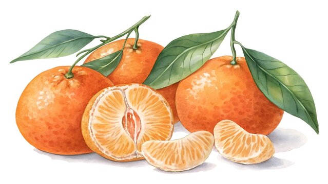 watercolor tangerines with green leaves on white clip art preview