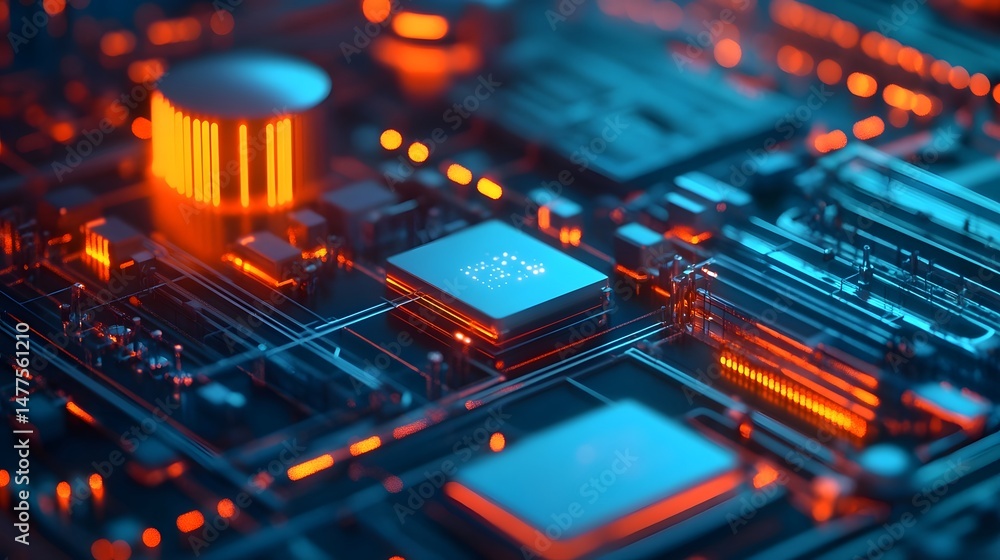 Poster intricate computer mainboard with glowing energy-efficient circuits
