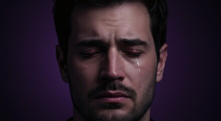 Obraz premium A close-up portrait of a man with tears streaming down his face, expressing deep emotion.