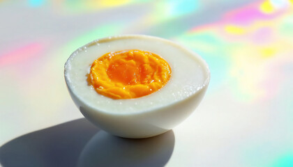 A culinary delight captured up close with an egg cut in half showing the yolk, an elegant image of simplicity and the natural beauty of food.
