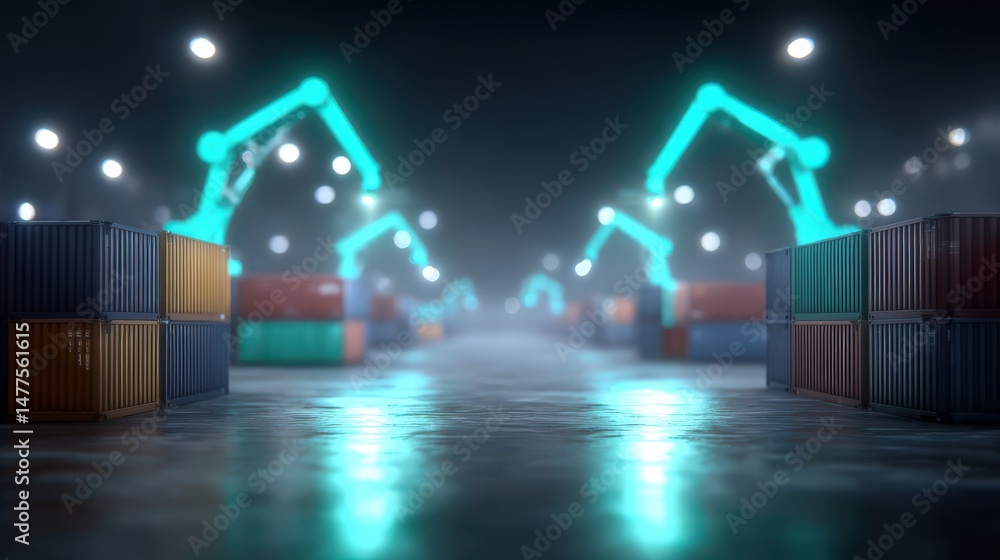 Poster modern automated warehouse featuring advanced robotic arms lifting shipping containers with a misty 