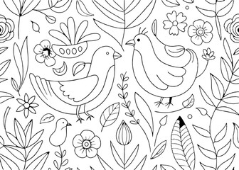 Seamless Chicken & Bird Pattern | Hand-Drawn Line Art Coloring Page with Nature Elements
