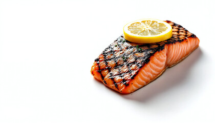 A close-up shot of perfectly grilled salmon fillet, delicately garnished with a slice of lemon, showcasing the art of fine cuisine. This image highlights the beauty of fresh seafood.