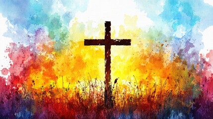 Fototapeta premium Wooden Cross in Watercolor Landscape Painting