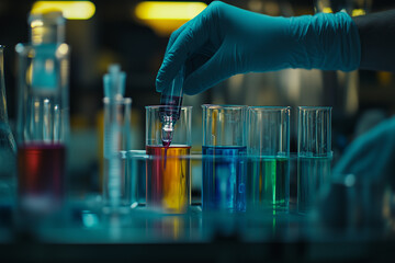 Gloved Hand Adding Liquid To Colorful Test Tubes In A Dark Science Lab