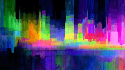 Abstract skyline with vivid rainbow hues. Colorful streaks create a sense of urban vibrancy and depth.