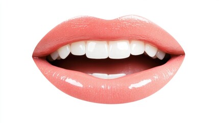 A close-up of vibrant, well-groomed lips slightly parted, showcasing perfect teeth, Ideal for beauty, dental, and cosmetic ads, as well as health-related articles,