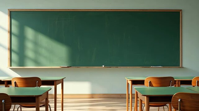 Empty classroom with wooden desks and chairs facing a large green chalkboard in natural daylight with soft shadows on the floor

