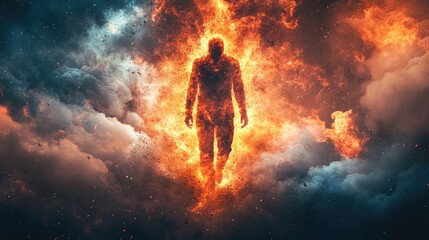Fototapeta premium Fiery Silhouette Figure in Dramatic Cloudscape