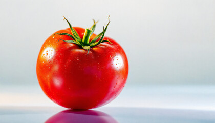 A close-up shot of a vibrant, juicy red tomato, with its smooth skin glistening in the light, showcasing its freshness and natural beauty.