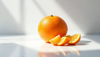 Vibrant and inviting image of an orange, perfectly captured with crisp detail and a play of light and shadow. Accompanied by freshly sliced wedges, the composition evokes the essence of health.