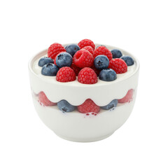 Fresh yogurt parfait with raspberries and blueberries in a white bowl, isolated