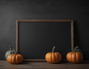 Dark wood chalkboard, minimalist design, three perfect pumpkins  , fall, food
