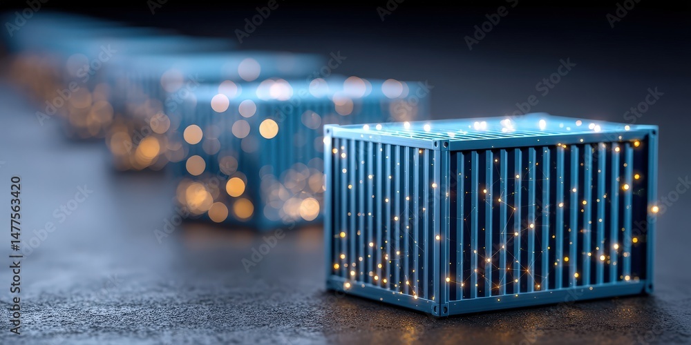 Poster captivating blue shipping containers illuminated with glowing lights arranged artistically on a text