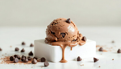 A single scoop of decadent chocolate ice cream, crowned with chocolate chips, sits enticingly on a small block. The ice cream's rich texture is evident as it slowly melts, offering a tempting treat.