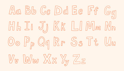 Outlined Hand Drawn Latin Alphabet in Childlike Style. Uppercase and Lowercase Funny Letters without Fill. Playful Doodle Font for Kids Education and ABC Learning. Vector Illustration Design.